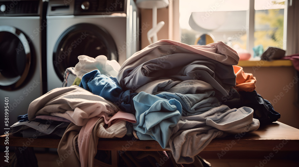 A pile of clothes sitting on top of a wooden table, Generative Ai