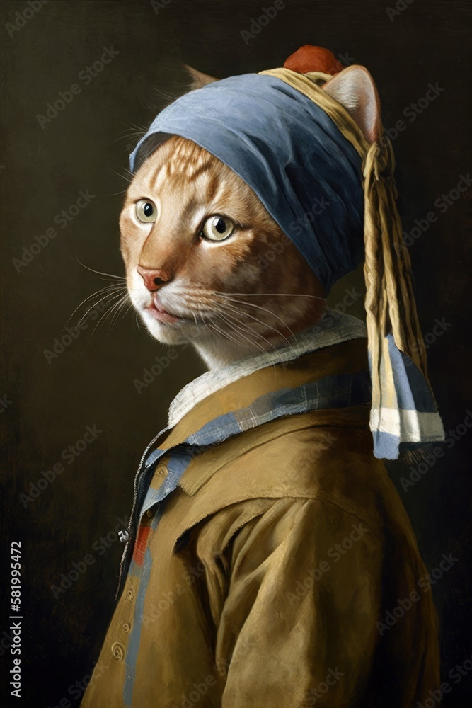 Fototapeta premium Kitty with a Pearl Earring: A Maine cat Animal Fashionable Twist on a Classic Portrait, Girl with a Pearl Earring (generative AI)