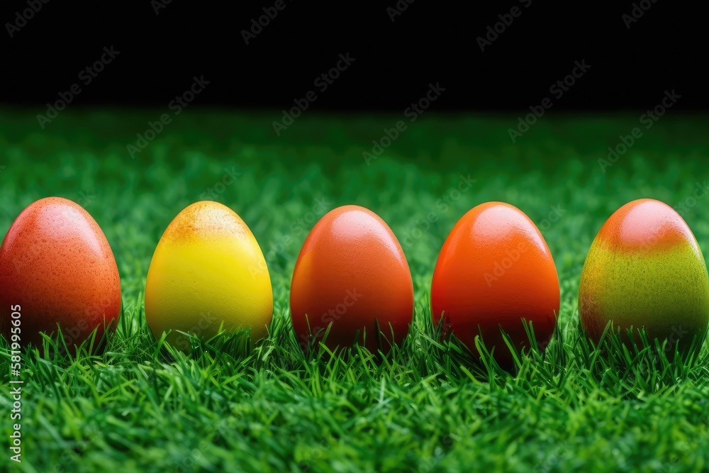 Easter eggs in a row on vibrant green grass. Generative AI Easter eggs in a row on vibrant green grass. Generative AI