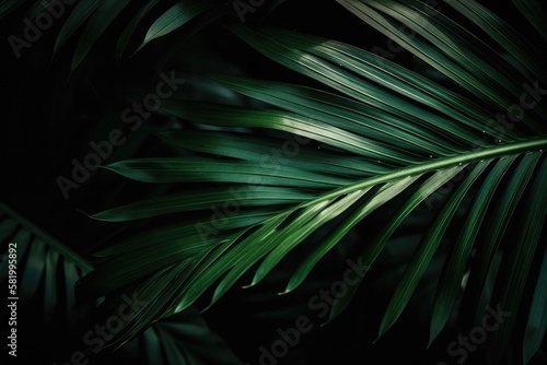 a close up of a green leaf with a background of palm trees. Layout, nighttime nature idea, tropical leaf. Generative AI