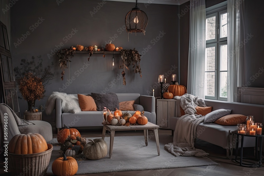Autumn interior of living room with grey sofa, fireplace and pumpkins. Generative AI Autumn interior of living room with grey sofa, fireplace and pumpkins. Generative AI
