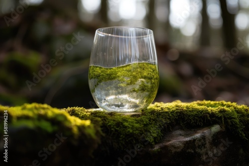 Fototapeta A water glass resting on a stone covered in moss