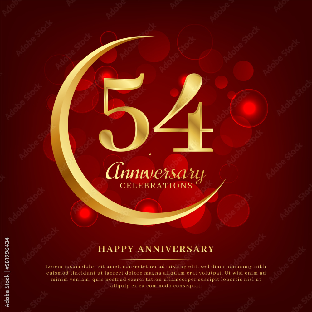 Naklejka premium 54 years anniversary with golden moon and red shiny background added with text for congratulations words