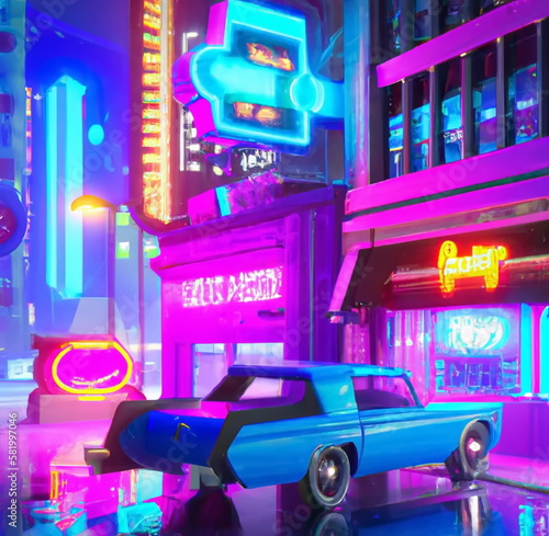 Retro car model from 70s parked in cyberpunk city full of colorful neon light give feeling of nostalgia illustration designed by Dall-e generative Ai.