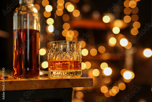 Bartender Serve Whiskey, on wood bar, 