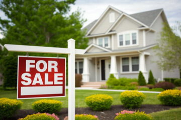 House for sale. A stunning real estate photograph of a suburban home with a "for-sale" sign in the yard, indicating that the property has already been sold. 