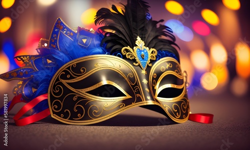 Carnival, Venetian mask, imitation, masquerade decorations with shiny ribbons on abstract defocused Bokeh lights, fantasy, generated in AI