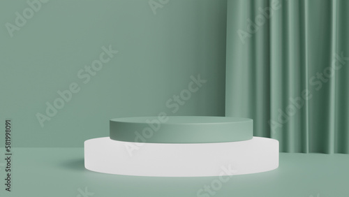 3d product display podium scene with the geometric platform. 3d cylinder stand podium. Commercial background. Geometric forms in modern minimal design. 3d rendering. © mangolovemom