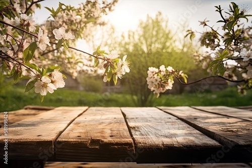 Apple blossoms and a wooden table in the springtime. Wooden planks are in front of a spring garden and sky. Generative AI