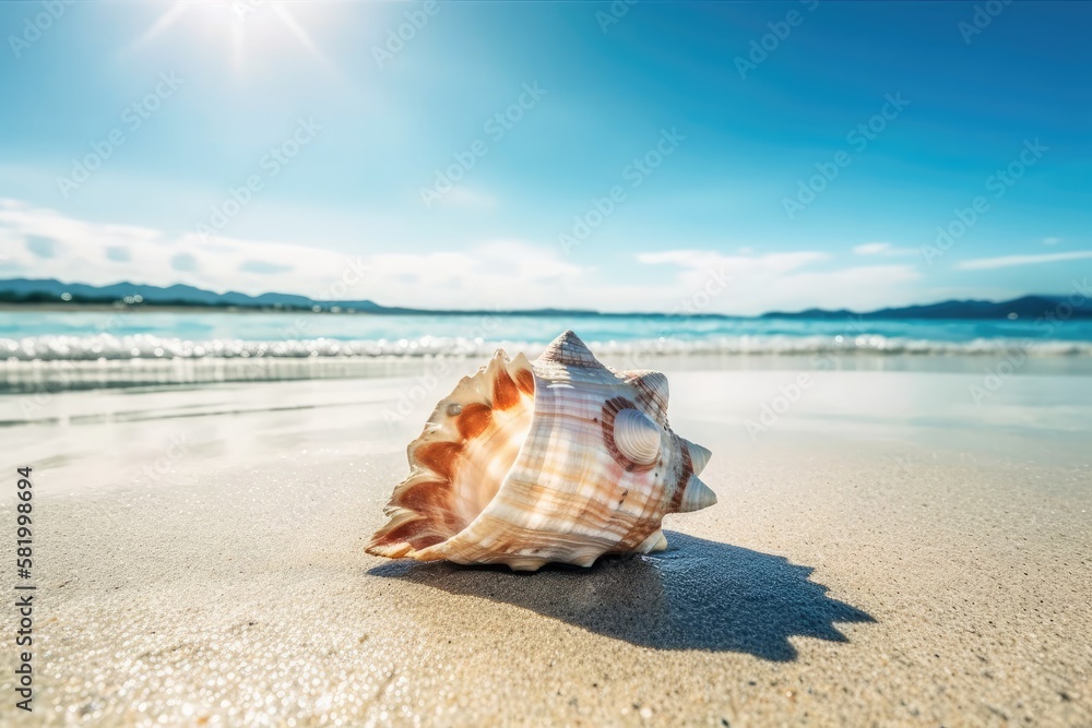 Conch Shell Sea on Sand Summer with Sun, Seashell at Coast on Light Day with Blue Ocean and Blue Sky, Design Frame Water Travel, Background White Sunlight Tropical Holiday Free Space. Generative AI Conch Shell Sea on Sand Summer with Sun, Seashell at Coast on Light Day with Blue Ocean and Blue Sky, Design Frame Water Travel, Background White Sunlight Tropical Holiday Free Space. Generative AI