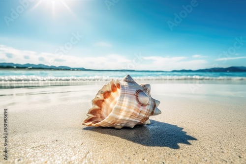 Conch Shell Sea on Sand Summer with Sun, Seashell at Coast on Light Day with Blue Ocean and Blue Sky, Design Frame Water Travel, Background White Sunlight Tropical Holiday Free Space. Generative AI