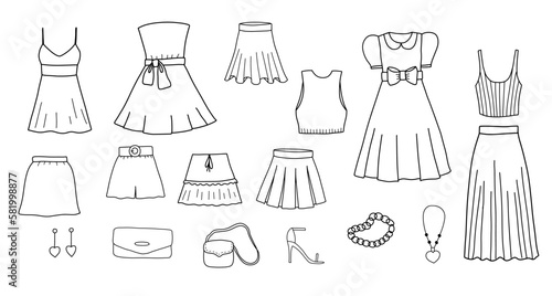 Line sketch of short dress, skirt and shoes for girl. Doodle clothes set.