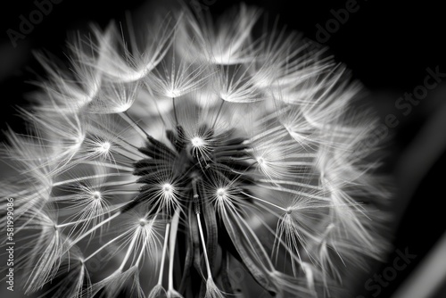 Background of a dandelion blossom in black and white with a very close up and soft focus. Generative AI