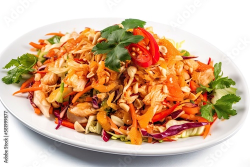 assemblage of spicy salads (Som Tum Thai) traditional hot, spicy Thai cuisine. Delicious Thai food, a Thai national delicacy, is shown alone on a white background. Generative AI