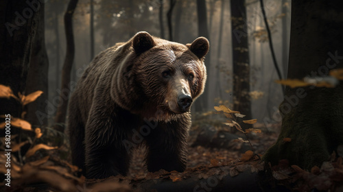 Grizzly bear with autumn forest in the background. Generative AI