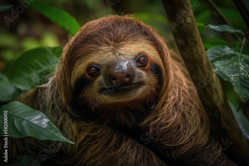 A wonderful depiction of a chilled animal in the Costa Rican Rainforest rubbing its belly is a wild sloth hanging from a tree with a comical face. Brown throated sloth Bradypus variegatus. Generative © AkuAku