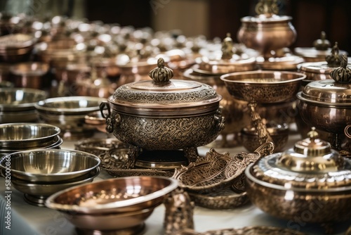 Close up of a wedding reception buffet with traditional Rajasthani food that was served in a copper chafing dish. At a wedding venue, a row of antique style dishes. Generative AI