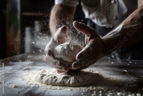 either at home or in a bakery  making dough by . Cloud of flour in the sky. Generative AI