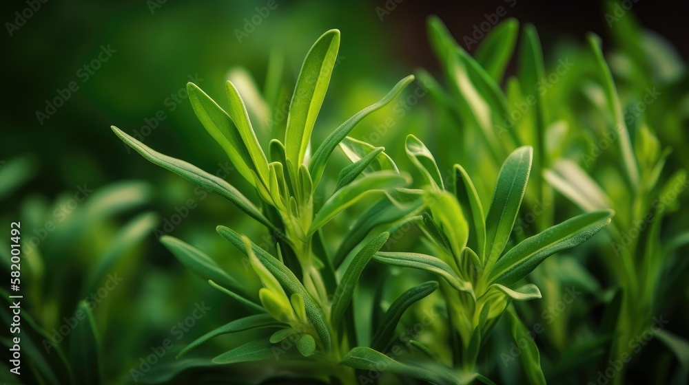 Tarragon Plant in Garden Closeup. Generative AI. Tarragon Plant in Garden Closeup. Generative AI.