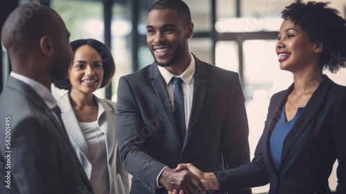 Professional Workplace Men Women: African American Black Receptionist Greeting with Confidence Friendliness in Business Setting, Diversity Equity Inclusion DEI Celebration (generative AI