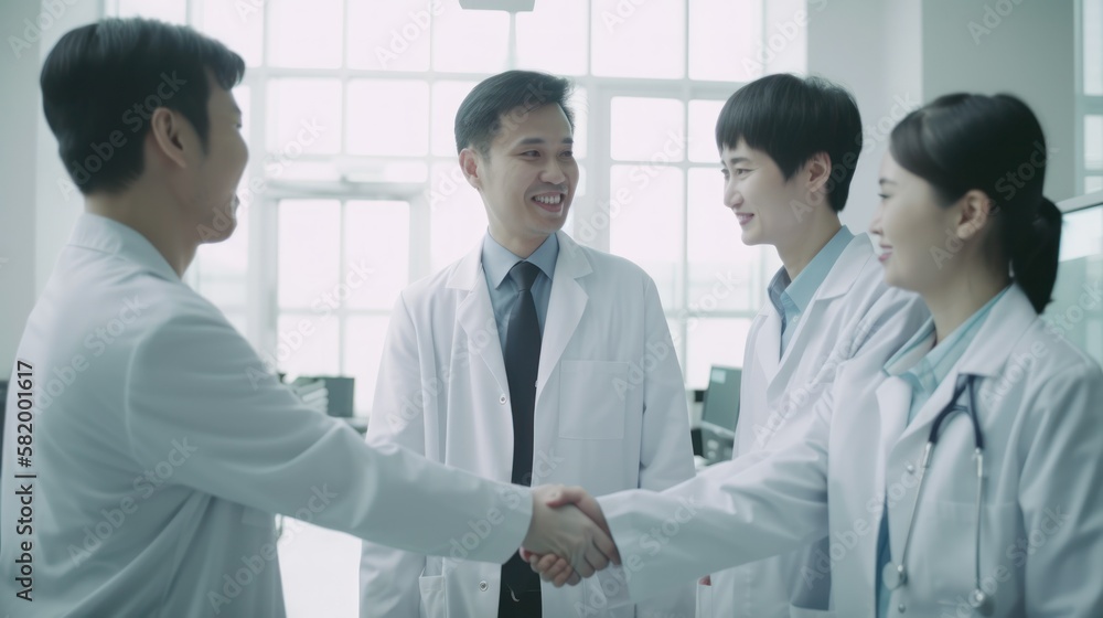 Professional Workplace Men Women: Asian Scientist Greeting with Confidence Friendliness in Business Setting, Diversity Equity Inclusion DEI Celebration (generative AI Professional Workplace Men Women: Asian Scientist Greeting with Confidence Friendliness in Business Setting, Diversity Equity Inclusion DEI Celebration (generative AI