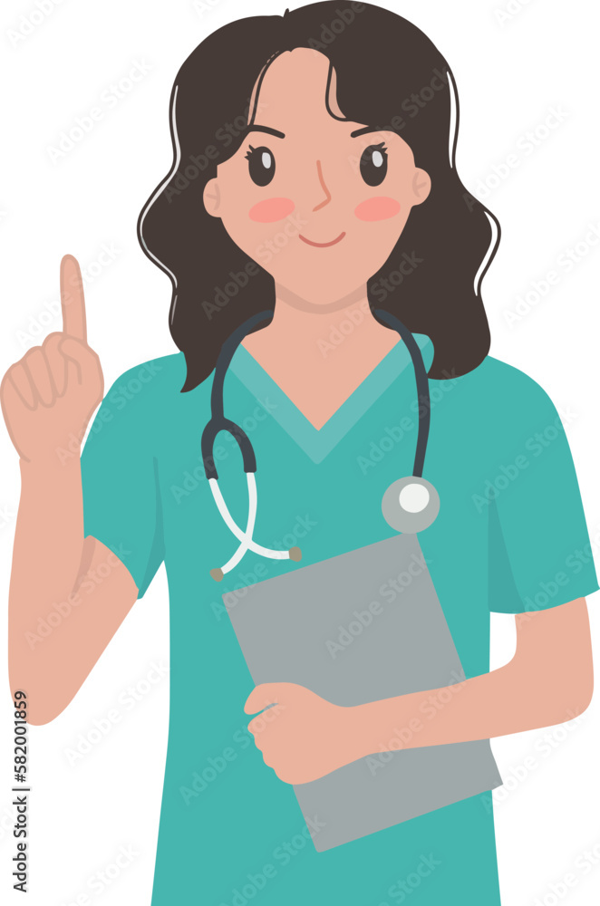 Portrait of woman doctor with tablet and showing hand pointing gesture vector illustration Portrait of woman doctor with tablet and showing hand pointing gesture vector illustration