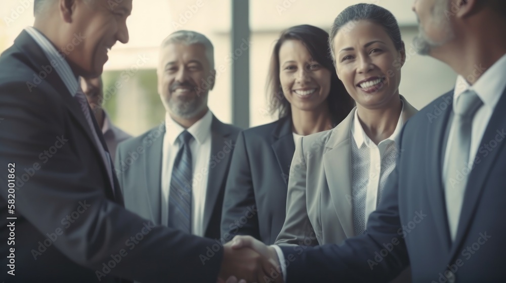Professional Workplace Men Women: Hispanic Secretary Greeting with Confidence Friendliness in Business Setting, Diversity Equity Inclusion DEI Celebration (generative AI