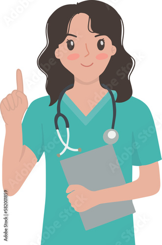 Portrait of woman doctor with tablet and showing hand pointing gesture vector illustration