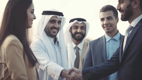 Professional Workplace Men Women: Middle Eastern Geologist Greeting with Confidence Friendliness in Business Setting, Diversity Equity Inclusion DEI Celebration (generative AI