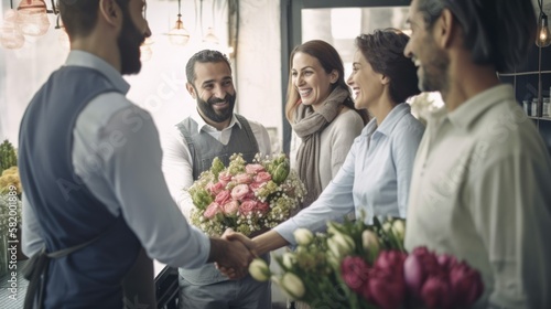Professional Workplace Men Women  Middle Eastern Florist Greeting with Confidence Friendliness in Business Setting  Diversity Equity Inclusion DEI Celebration  generative AI