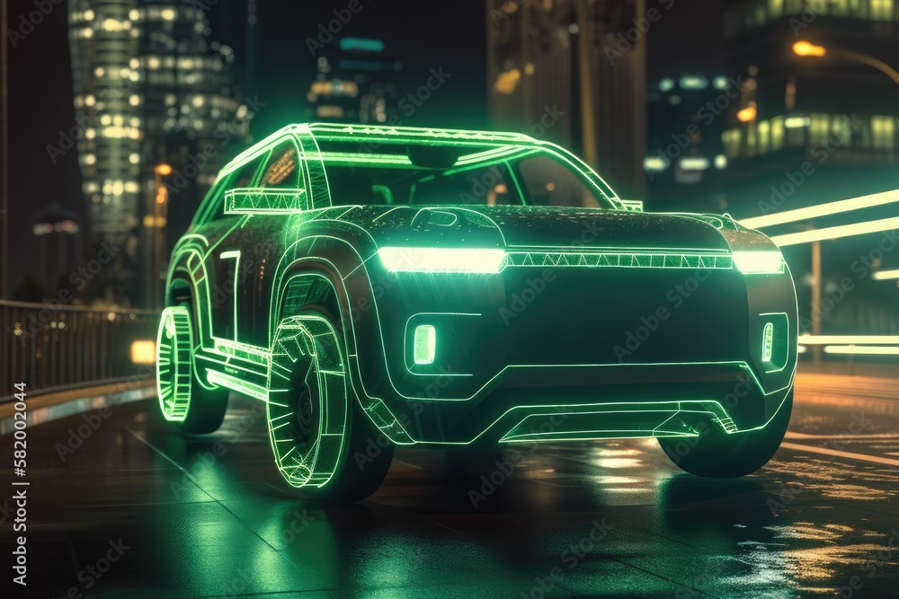 Concept of a wireframe car traveling down a road with a futuristic city in the background. SUV car's front view. Professionally created generic, undiscovered automobile model. Generative AI