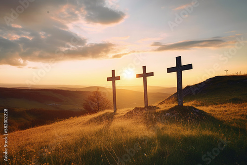 The Power of Faith: Three Crosses on a Hill at Sunset - Generative AI 