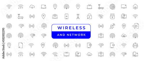 Wireless and Network vector line icon set. Contains linear outline icons like Connection, Signal, Internet, Phone, Radio, Computer, Wifi, Communication, Antenna