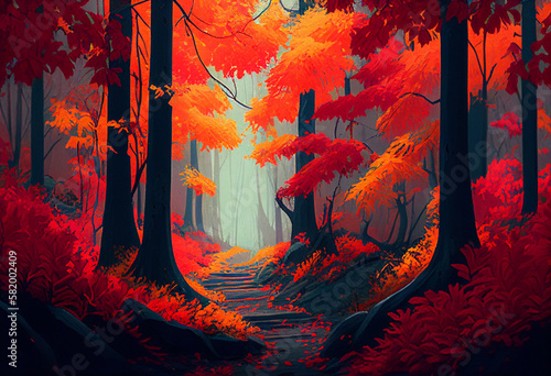 Autumn in the red forest. Generative AI.