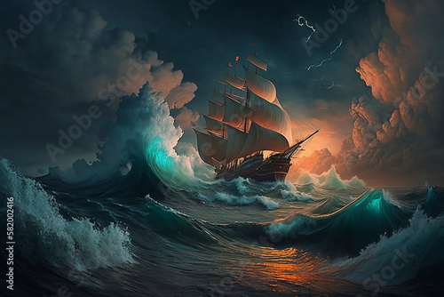 A big ship journey at sea with the big wave at night. Generative AI. © hugo