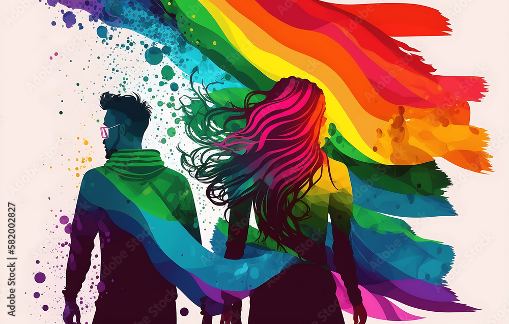 Fototapeta premium Illustration of Silhouette of man and woman collab with rainbow color art for wallpaper, generative ai