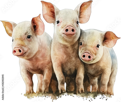 Three Watercolor Piglets Isolated White Background, AI Generated