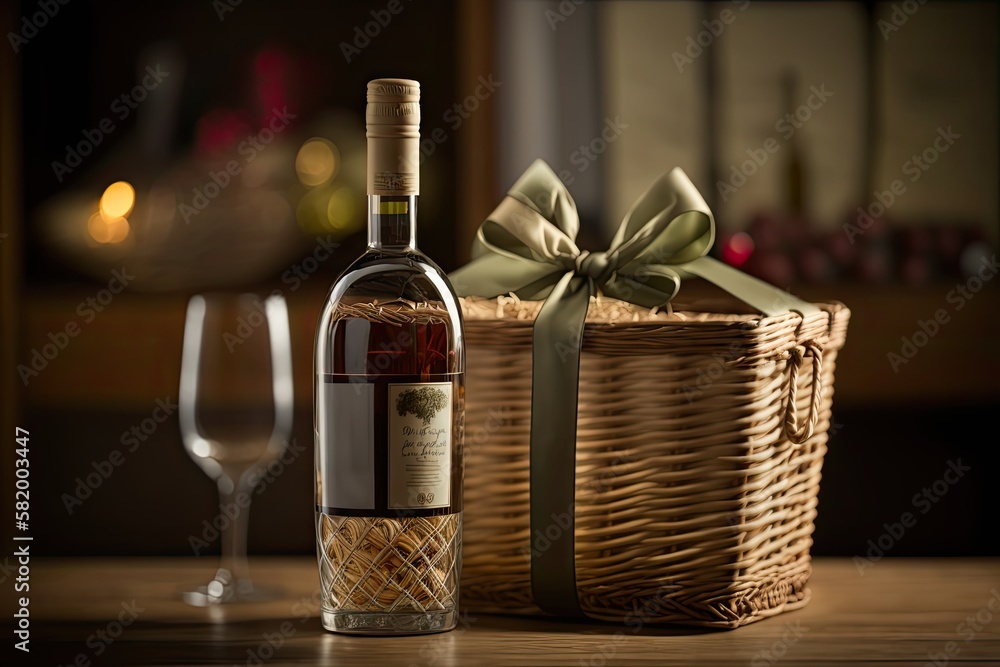 wine bottle and glasses on wooden table, gift basket concept. Generative ai. wine bottle and glasses on wooden table, gift basket concept. Generative ai.
