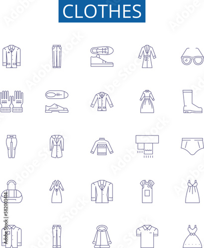 Clothes line icons signs set. Design collection of Garment, Outfit, Apparel, Clothing, Dress, Suit, Shawl, Skirt outline concept vector illustrations