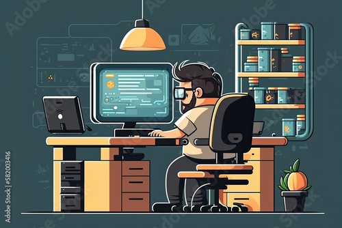 Computer software programmer coding working at office, cartoon style illustration concept. Generative ai.