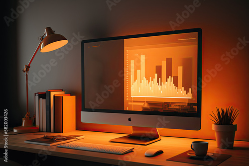 Business analytics data graph on computer screen, home office concept with lighted desk, keyboard mouse coffee on table. Generative ai.
