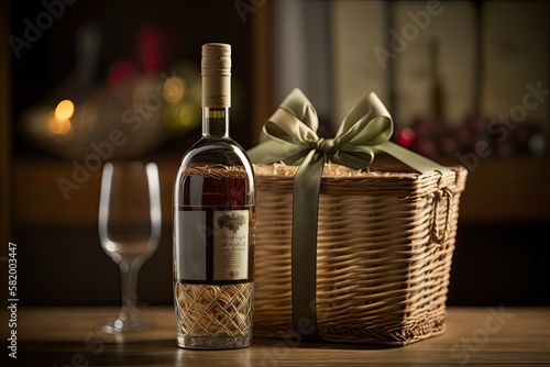 wine bottle and glasses on wooden table, gift basket concept. Generative ai.