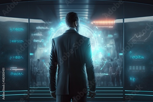 Businessman analysing financial data business information marketing and sales kpi on digital dashboard technology concept. Generative ai.