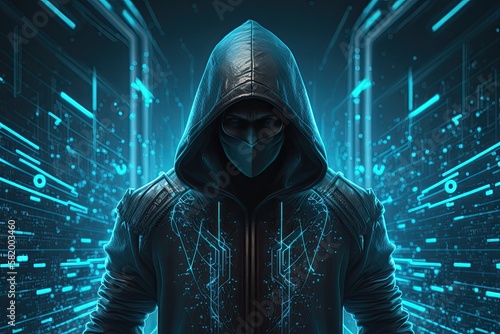 Cybercriminal hooded hacker standing in front of digital data information illustration concept. Generative ai.