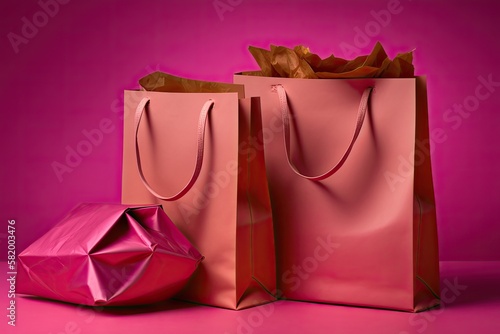 shopping paper bags on dark pink background concept. Generative ai.