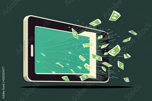 Mobile marketing, money coming out from smartphone screen, payment application, business communication flat illustration concept. Generative ai.