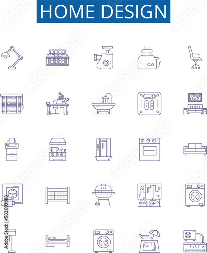 Home design line icons signs set. Design collection of Interiors, Decor, Architecture, Furniture, Style, Color, Planning, Spaces outline concept vector illustrations