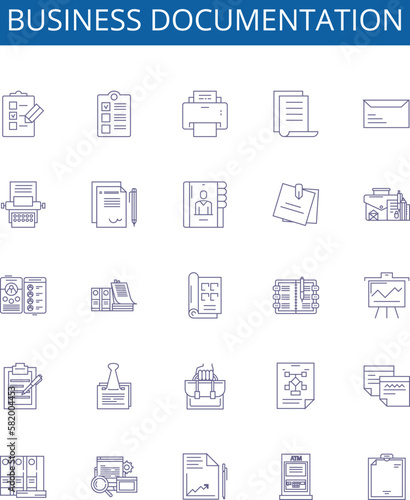 Business documentation line icons signs set. Design collection of Business, Documentation, Reports, Policies, Guidelines, Contracts, Agreements, Procedures outline concept vector illustrations
