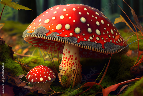 Fly agaric, mushroom. Amanita muscaria or fly agaric red cap. Fly amanita in the undergrowth in the forest autumn time.. Generative Ai