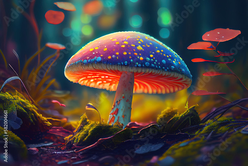 Close up of mushroom in forest. Generative Ai